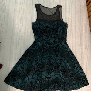 Turquoise and black velvet dress, brand-three pink hearts, size medium